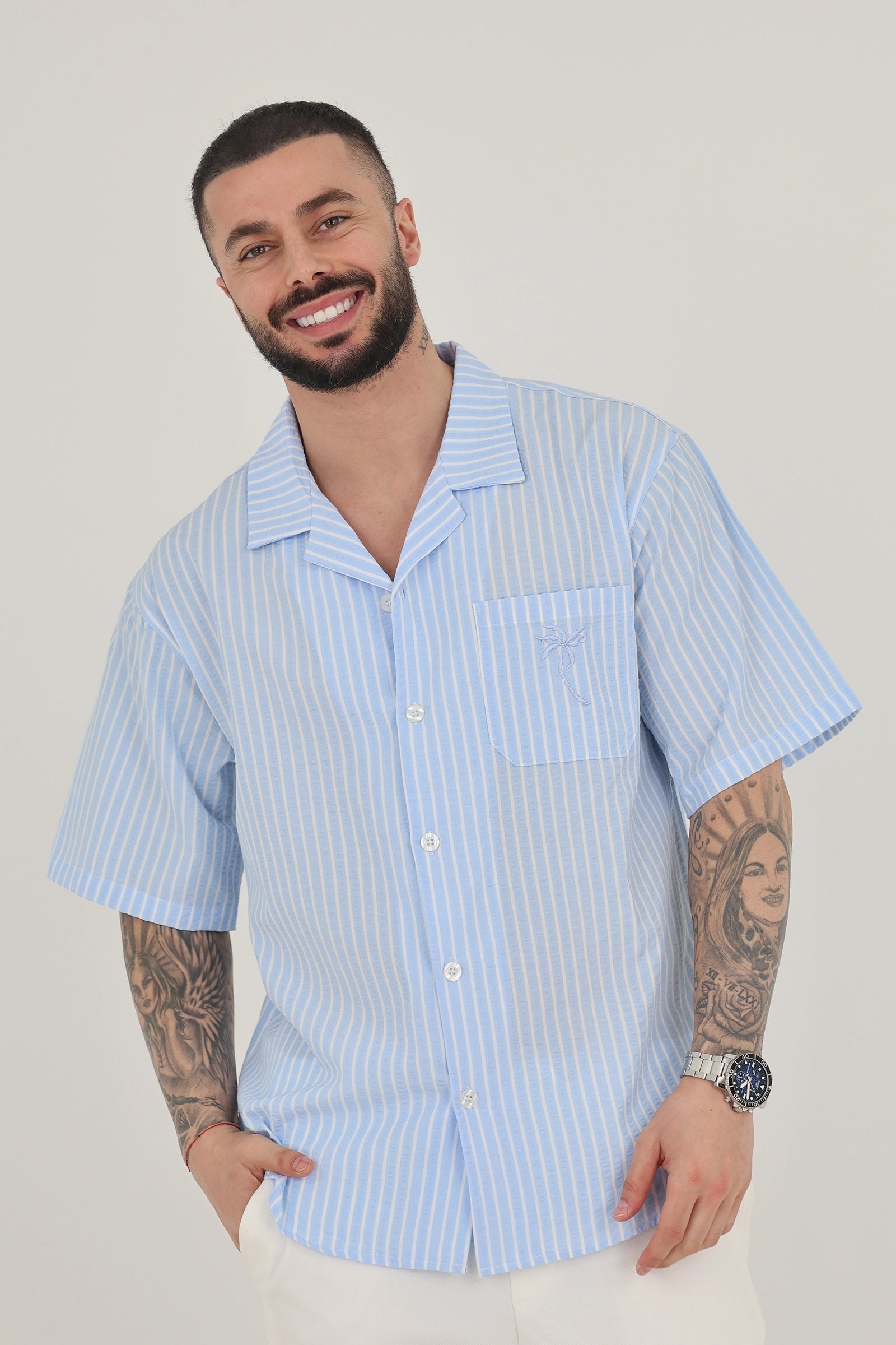 Kemishe striped cuban collar