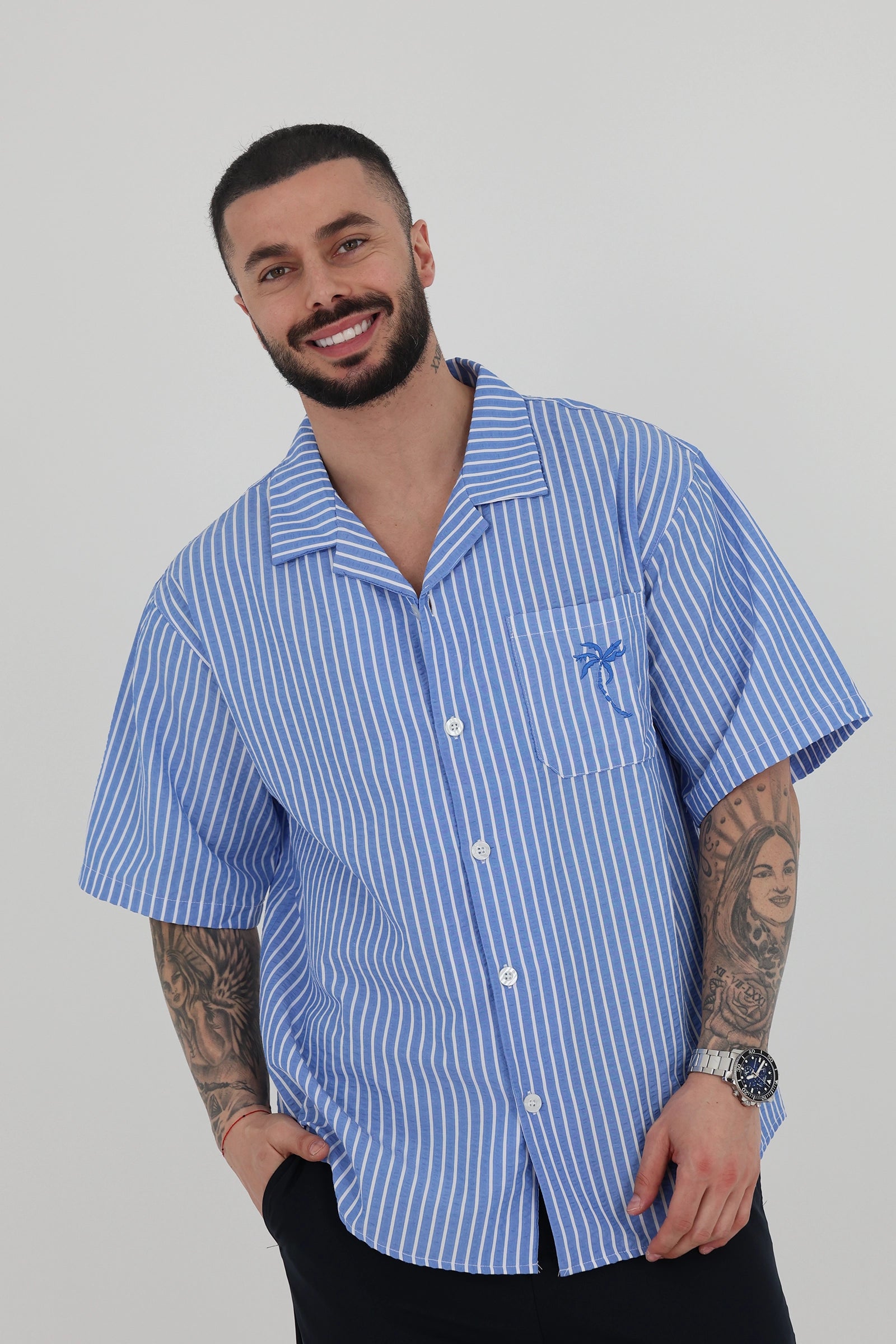Kemishe striped cuban collar