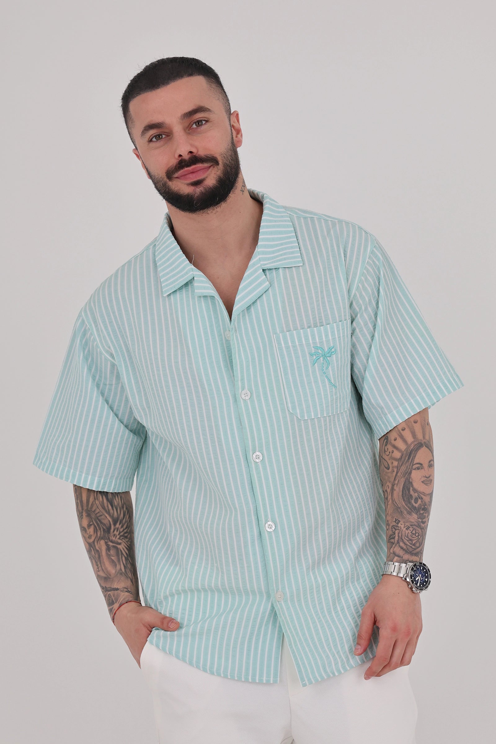 Kemishe striped cuban collar