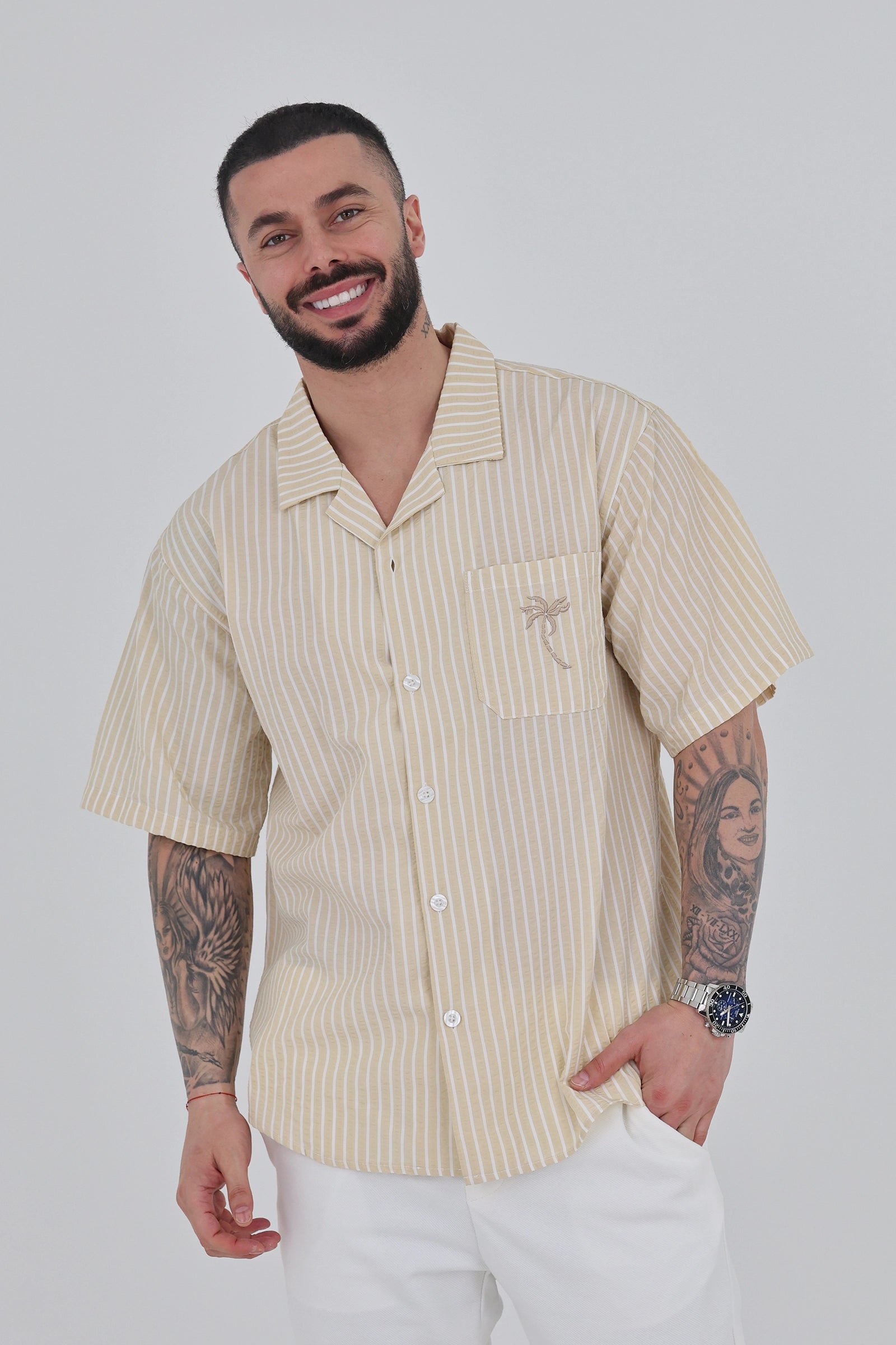 Kemishe striped cuban collar
