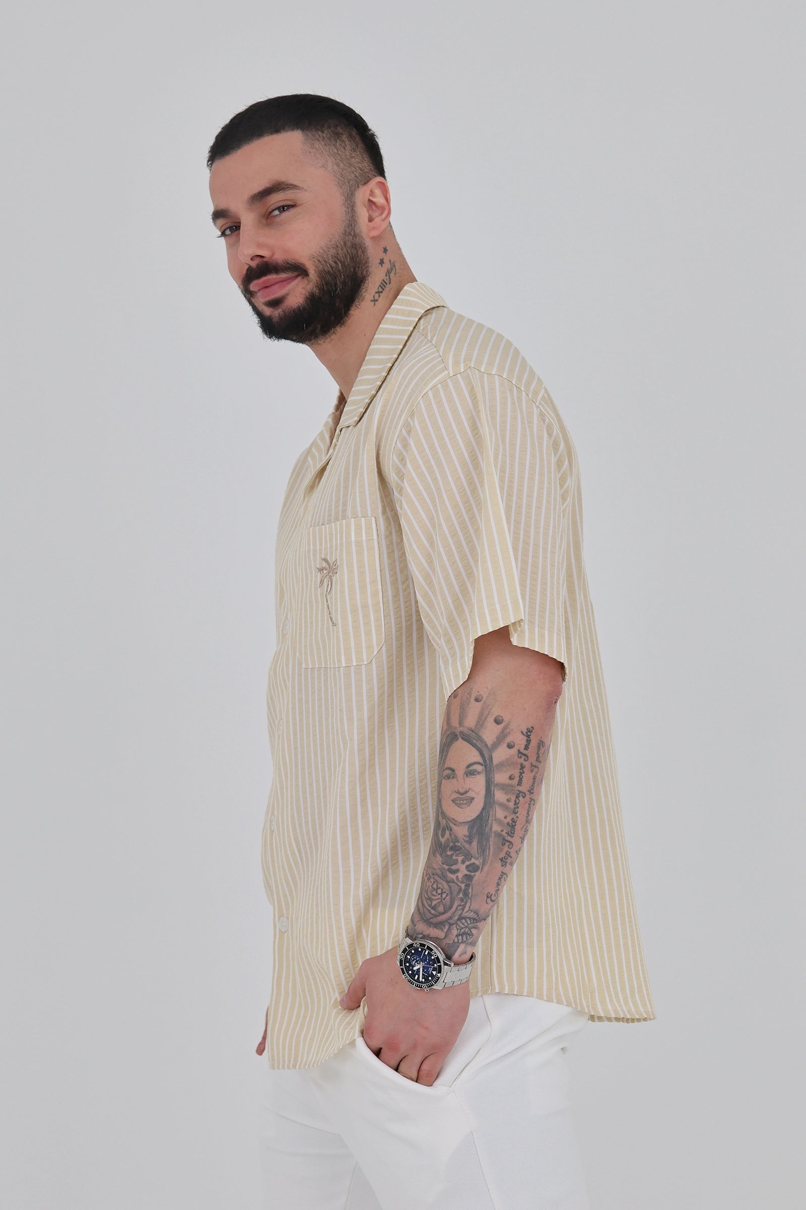 Kemishe striped cuban collar