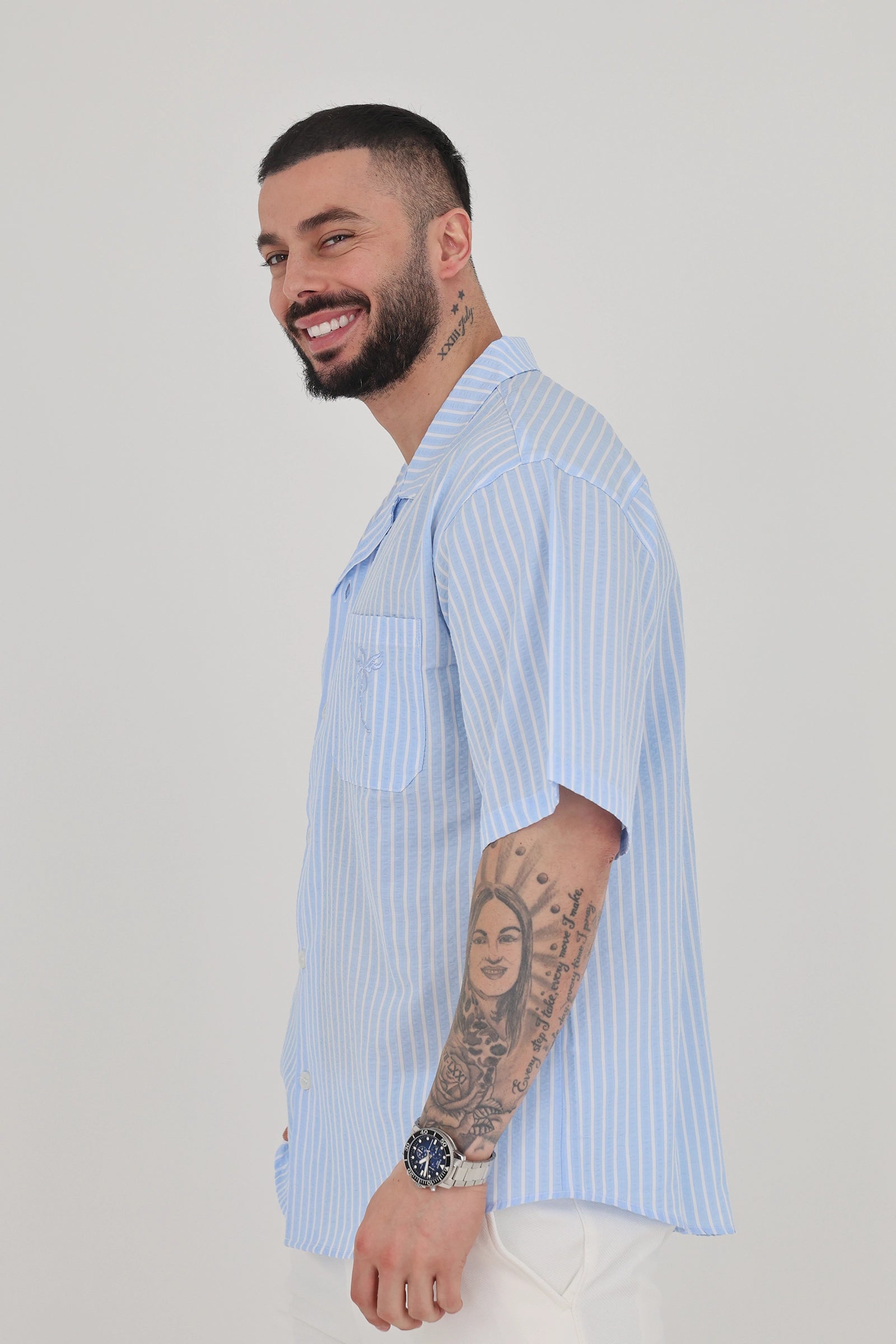 Kemishe striped cuban collar