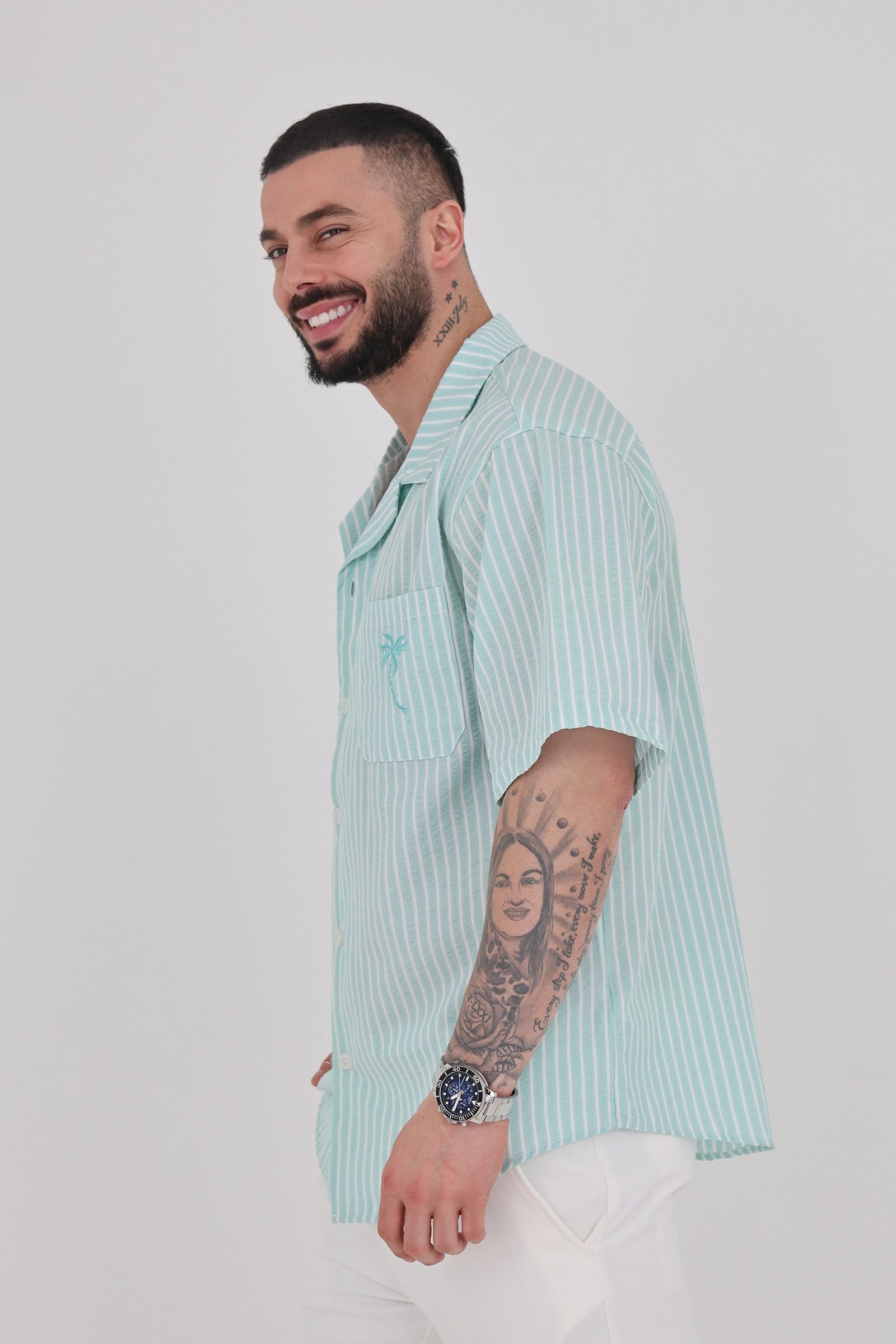 Kemishe striped cuban collar