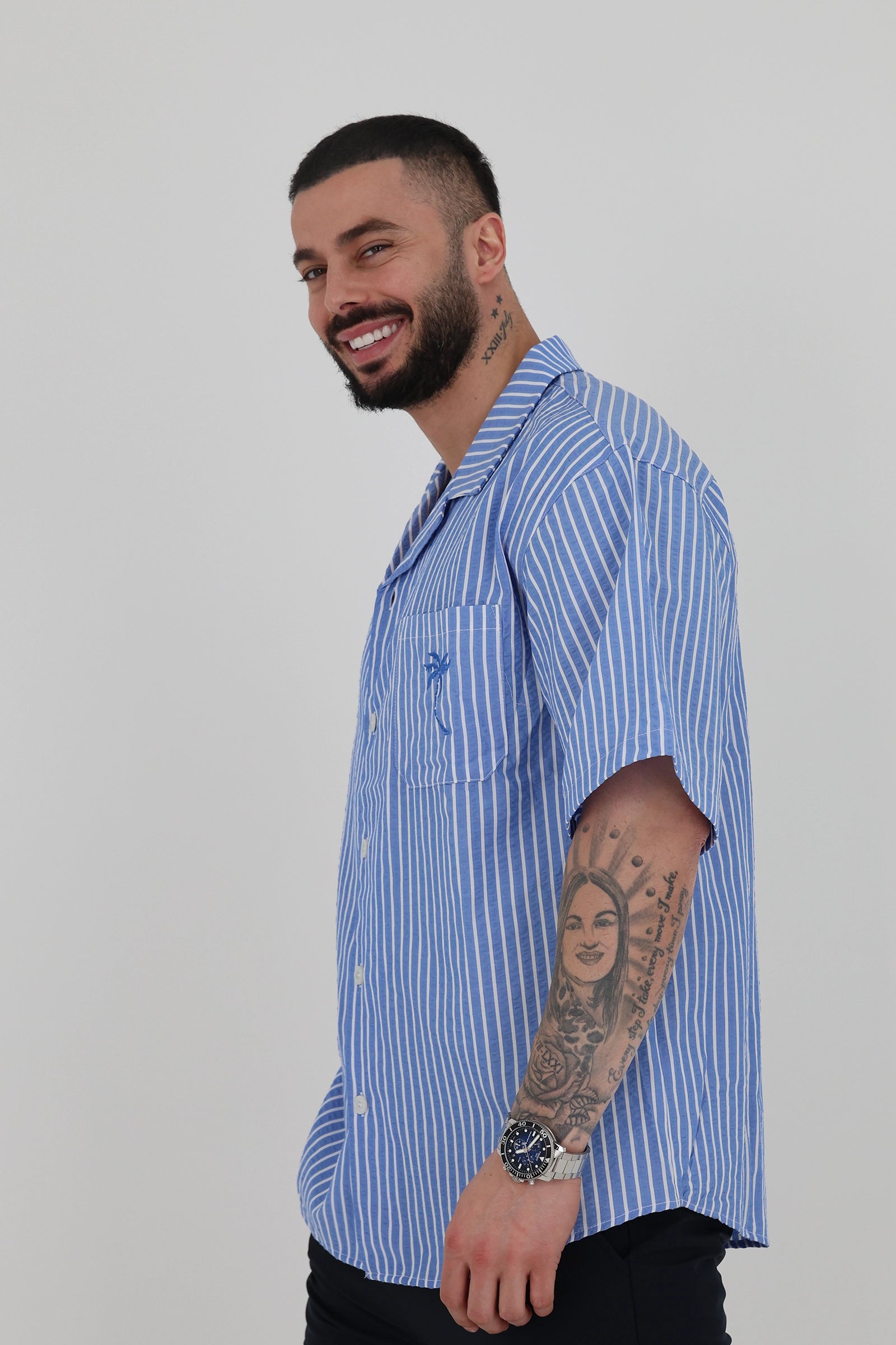 Kemishe striped cuban collar